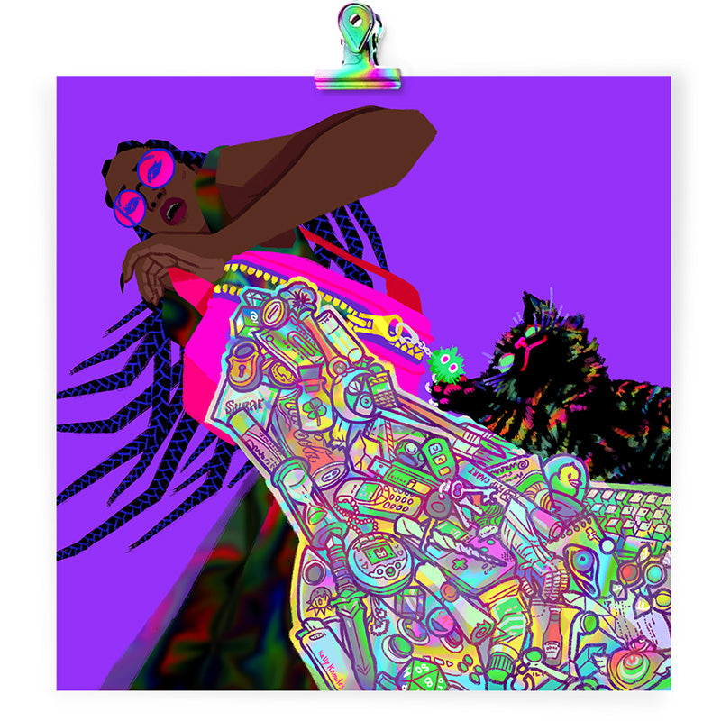Art print featuring a stylish magical girl is surprised to see her purse of infinite holding is spilling its contents, a rainbow waterfall of dozens of objects dominating the canvas.
