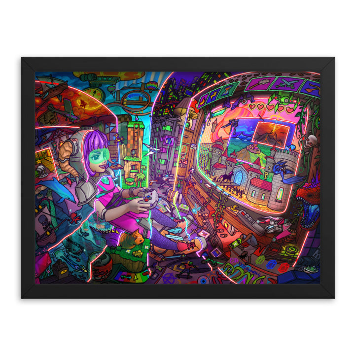 framed art print featuring: colorful digital drawing of a girl playing a video game with lotsa video game themed shit all over the place. beams radiate from the TV and split the scene into different themed video game levels.