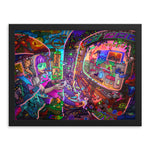 Load image into Gallery viewer, framed art print featuring: colorful digital drawing of a girl playing a video game with lotsa video game themed shit all over the place. beams radiate from the TV and split the scene into different themed video game levels.
