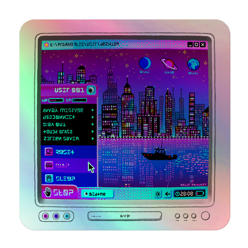 Holographic sticker featuring an old CRT monitor with an imaginary windows XP screen in pinks and purples. an open start menu that's labelled "stop" include menu items like "reset, nap, sleep" in a barely-legible alien text. the desktop wallpaper is a city skyline reflected in water at night and the program icons are moons and planets.