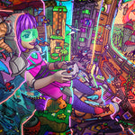 Load image into Gallery viewer, closeup of the girl, she&#39;s split into slices of different character outfits.
