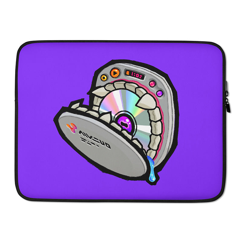 A laptop sleeve featuring a stylized drawing of an open Y2K-era CD player with huge teeth. there's an eyeball in the center of a rainbow-reflective CD in its maw. there's a little bit of drool dripping out of the corner its mouth.
