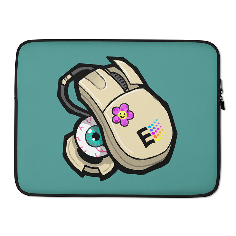 A laptop sleeve featuring a stylized drawing of a 90's era computer mouse, in that classic off-white color. the rubber ball is falling out the bottom, but its a big bloodshot eyeball! the background is the same shade of teal used as windows 95 default background color.
