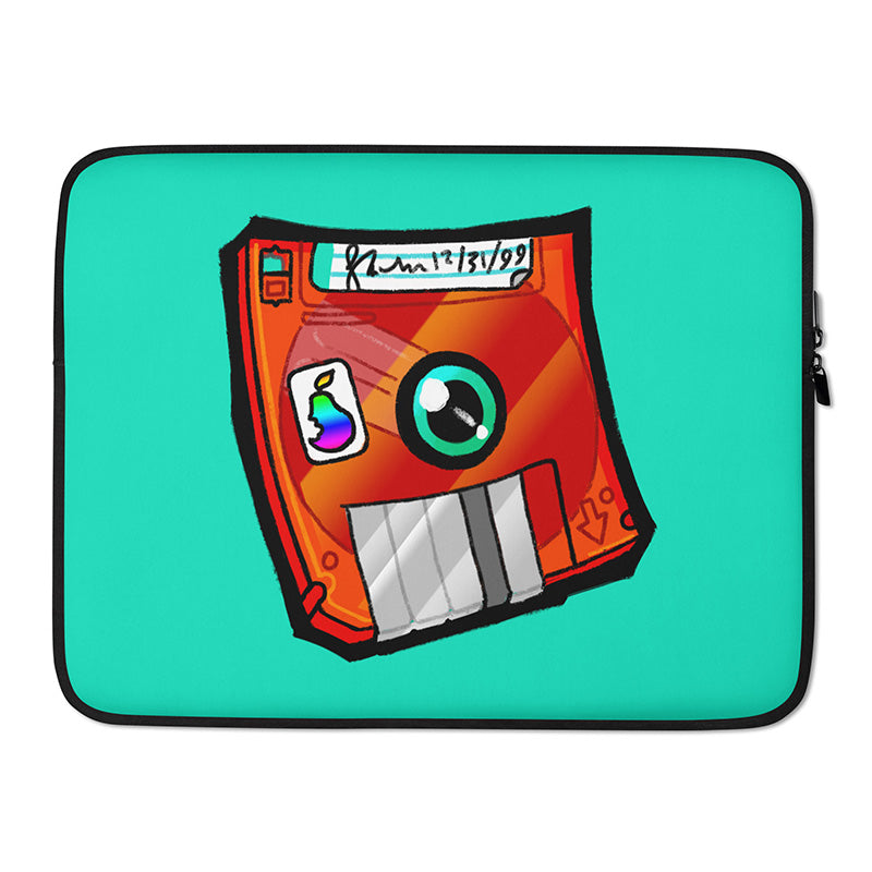 A laptop sleeve featuring a stylized drawing of a bright red transparent floppy disk. the round bit in the center is a big eyeball, and the rectangular slidey-bit at the bottom looks like a toothy mouth. 