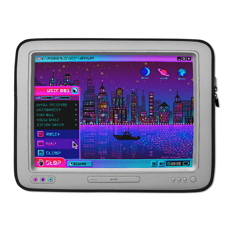 A laptop sleeve featuring digital art of an old CRT monitor with an imaginary windows XP screen in pinks and purples. an open start menu that's labelled "stop" include menu items like "reset, nap, sleep" in a barely-legible alien text. the desktop wallpaper is a city skyline reflected in water at night and the program icons are moons and planets.