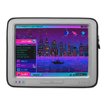 Load image into Gallery viewer, A laptop sleeve featuring digital art of an old CRT monitor with an imaginary windows XP screen in pinks and purples. an open start menu that&#39;s labelled &quot;stop&quot; include menu items like &quot;reset, nap, sleep&quot; in a barely-legible alien text. the desktop wallpaper is a city skyline reflected in water at night and the program icons are moons and planets.
