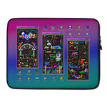 Load image into Gallery viewer, laptop sleeve featuring a triptych of PETSCII art that resembles an illuminated manuscript. they show the beginning, middle, and end of a video game walkthrough packed with fantasy and sci fi ornaments. they're framed in windows XP style UI windows and surrounded by desktop icons. 

