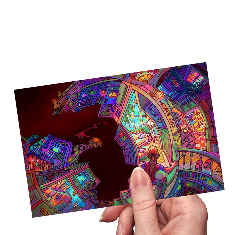 Hand holding a postcard-sized art print featuring a psychedelic house interior in a fisheye perspective. it has a vibrant but somehow musty color scheme. rooms intersect at impossible angles and some walls are missing, opening up to a huge black void. endless rooms and hallways fade into the distance. 