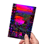 Load image into Gallery viewer, Hand holding a postcard-sized art print featuring a neon lake at sunset, framed by tall buildings and intersected by busy roads. it&#39;s stylized in a strange flattened perspective.
