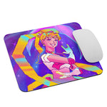 Load image into Gallery viewer, Mouse pad featuring a girl in a sailor outfit striking a pose with golden hair spiraling around her. stars fill the background and a large crescent moon hangs behind her. 
