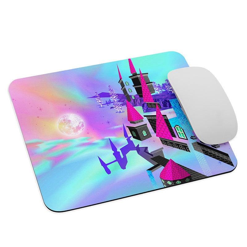 Mouse pad featuring a surreal fragmented castle floating in the sky. think roger dean, but geometric and a video game.