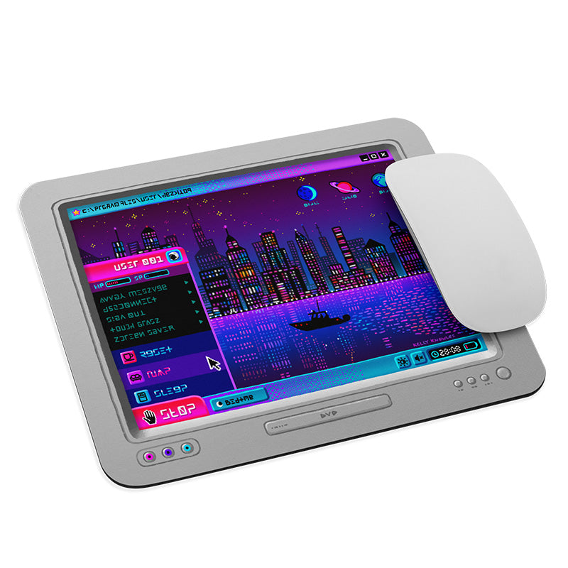Mouse pad featuring digital art of an old CRT monitor with an imaginary windows XP screen in pinks and purples. an open start menu that's labelled "stop" include menu items like "reset, nap, sleep" in a barely-legible alien text. the desktop wallpaper is a city skyline reflected in water at night and the program icons are moons and planets.