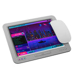 Load image into Gallery viewer, Mouse pad featuring digital art of an old CRT monitor with an imaginary windows XP screen in pinks and purples. an open start menu that&#39;s labelled &quot;stop&quot; include menu items like &quot;reset, nap, sleep&quot; in a barely-legible alien text. the desktop wallpaper is a city skyline reflected in water at night and the program icons are moons and planets.
