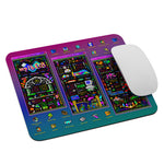 Load image into Gallery viewer, mouse pad featuring a triptych of PETSCII art that resembles an illuminated manuscript. they show the beginning, middle, and end of a video game walkthrough packed with fantasy and sci fi ornaments. they're framed in windows XP style UI windows and surrounded by desktop icons. 
