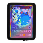 Load image into Gallery viewer, A laptop sleeve featuring a colorful trading card design for a round blue mouse. he&#39;s belly flopping into water and the bubbles are rainbow sparkles.
