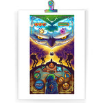 Load image into Gallery viewer, Print featuring fan art of the legend of zelda: majora's mask. the composition is shaped like an hourglass—the large angry moon at the top, link at the bottom, meeting in the middle at majora's mask floating ominously above clock town. silhuoetted giants stand by to catch the falling moon. link is surrounded by the game UI for A, B, and C buttons on the N64 controller with their respective weapons assigned to them. the deku scrub, zora, and goron masks float between him and majora.
