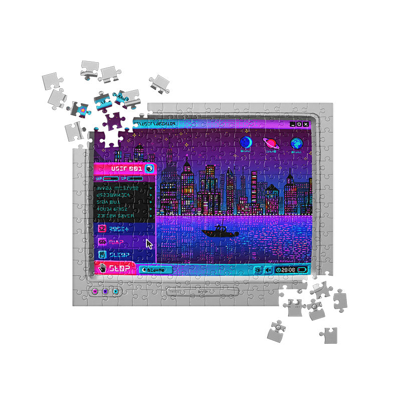 252 piece puzzle featuring digital art of an old CRT monitor with an imaginary windows XP screen in pinks and purples. an open start menu that's labelled "stop" include menu items like "reset, nap, sleep" in a barely-legible alien text. the desktop wallpaper is a city skyline reflected in water at night and the program icons are moons and planets.