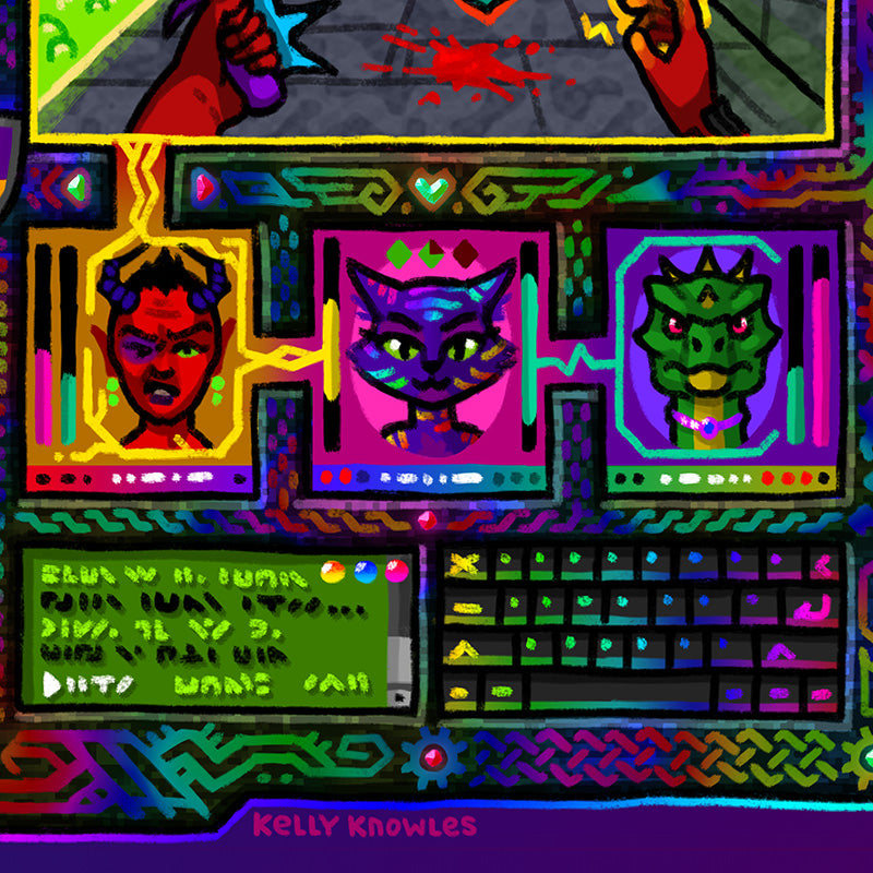 closeup of the party members: a red demon lady, a purple cat, and a green lizard lady. there's a message window and a keyboard, but the text is all jibberish.