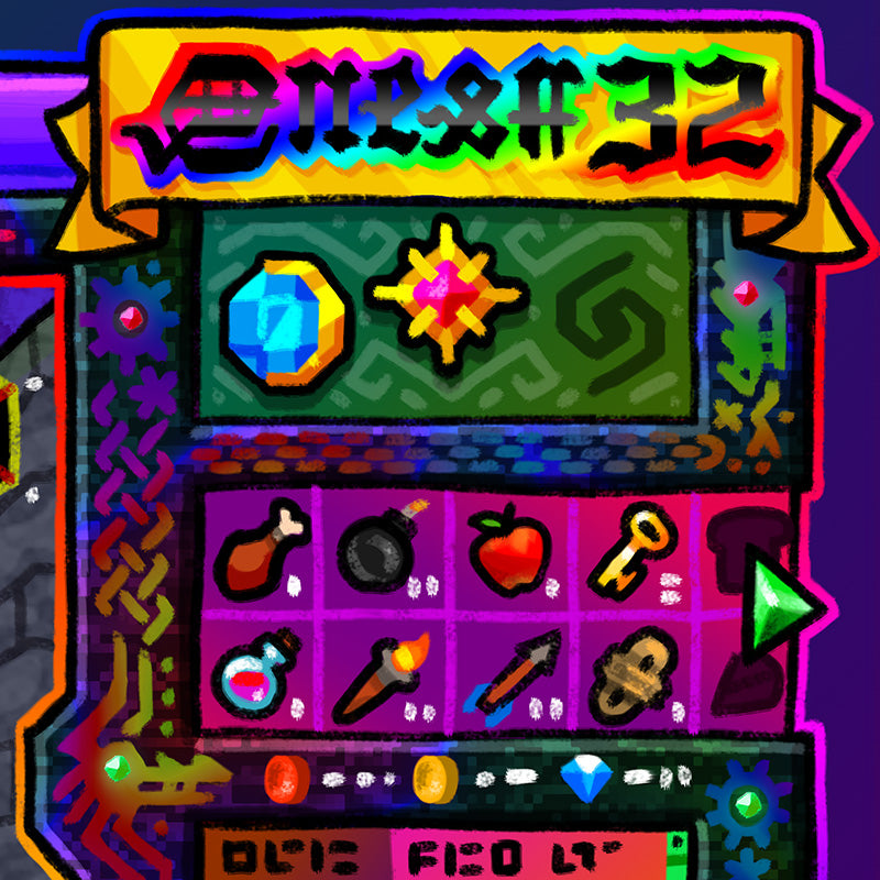 closeup of the "QUEST32" title and some inventory items.