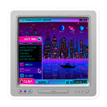 Load image into Gallery viewer, Sticker featuring digital art of an old CRT monitor with an imaginary windows XP screen in pinks and purples. an open start menu that&#39;s labelled &quot;stop&quot; include menu items like &quot;reset, nap, sleep&quot; in a barely-legible alien text. the desktop wallpaper is a city skyline reflected in water at night and the program icons are moons and planets.
