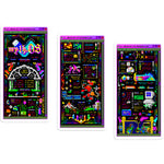 Load image into Gallery viewer, 3 stickers featuring PETSCII art that resembles an illuminated manuscript. they show the beginning, middle, and end of a video game walkthrough packed with fantasy and sci fi ornaments. they're framed in windows XP style UI windows and surrounded by desktop icons.
