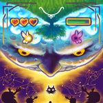 Load image into Gallery viewer, Zoomed in view of the top portion of the artwork, focusing on the big angry moon.
