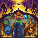 Load image into Gallery viewer, Zoomed in view of the bottom portion of the artwork, focusing on Link standing on the clock tower ready to face Majora.
