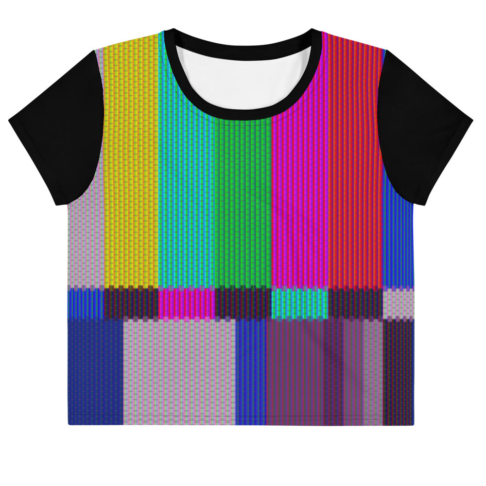 Crop top shirt featuring the rainbow stripes of an analog TV with no signal.