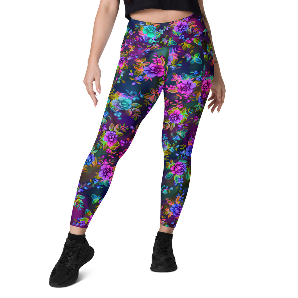 Leggings with a pixel floral pattern in neon colors. 