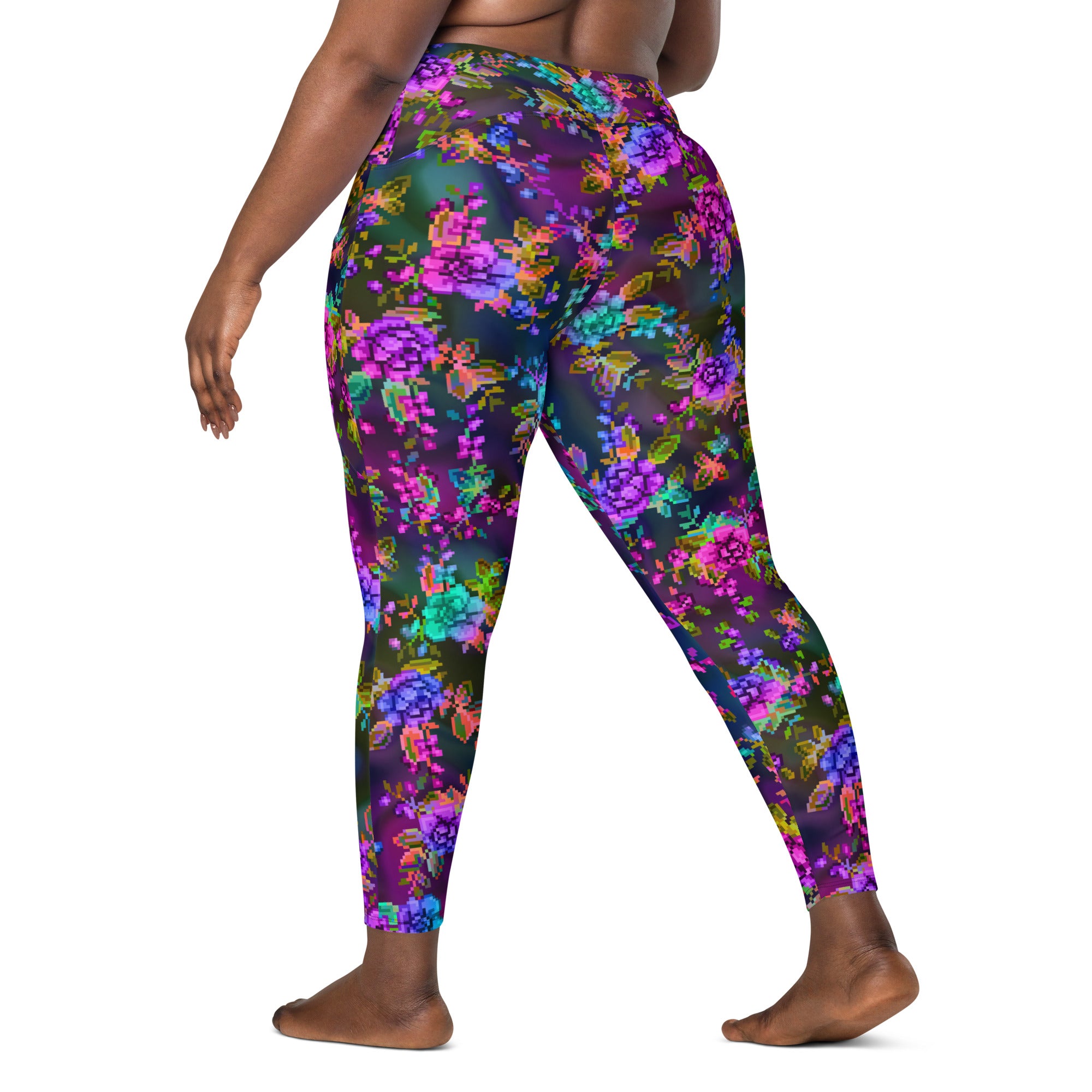 Black peach skin leggings with a multicolored floral print