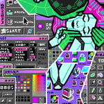 Load image into Gallery viewer, closeup of the embracing characters, showing their clothing is patterned with classic windows 98 UI in inverted colors. the text is all jibberish.
