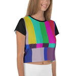 Load image into Gallery viewer, Crop top shirt featuring the rainbow stripes of an analog TV with no signal.
