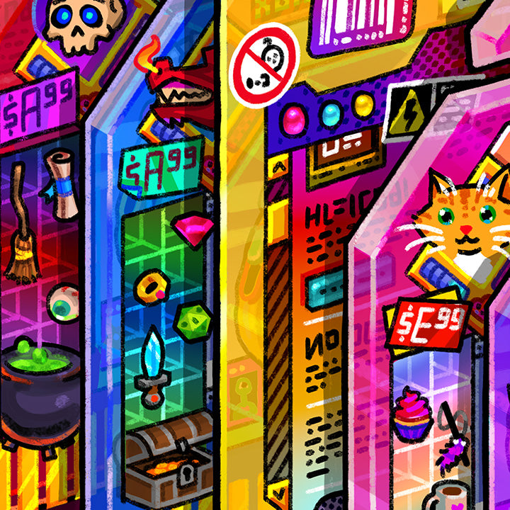 closeup of the edge of several packages, showing the character's inventory items and computer GUI elements. the text is all jibberish.