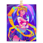 Load image into Gallery viewer, Art print featuring a girl in a sailor outfit striking a pose with golden hair spiraling around her. stars fill the background and a large crescent moon hangs behind her. 
