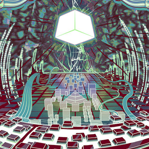 closeup showing cyberspace. a large white cube glows in the sky over a city made of simple shapes. in the foregroundis a fragmented keyboard with light shining out of it.