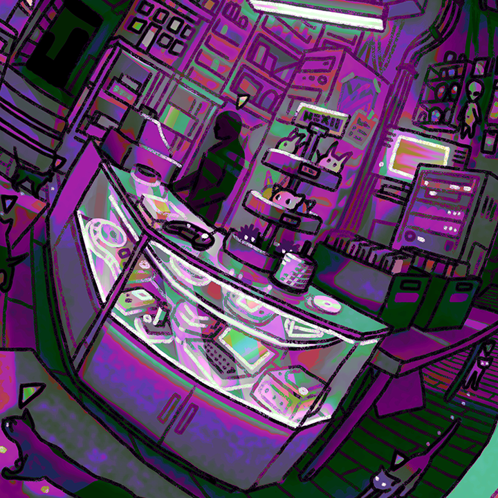 Close-up image showing details of "Used Hacked & Homebrewed Games" art print, including a shadowy figure behind a checkout counter selling various electronics.