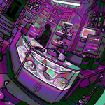 Load image into Gallery viewer, Close-up image showing details of &quot;Used Hacked &amp; Homebrewed Games&quot; art print, including a shadowy figure behind a checkout counter selling various electronics.
