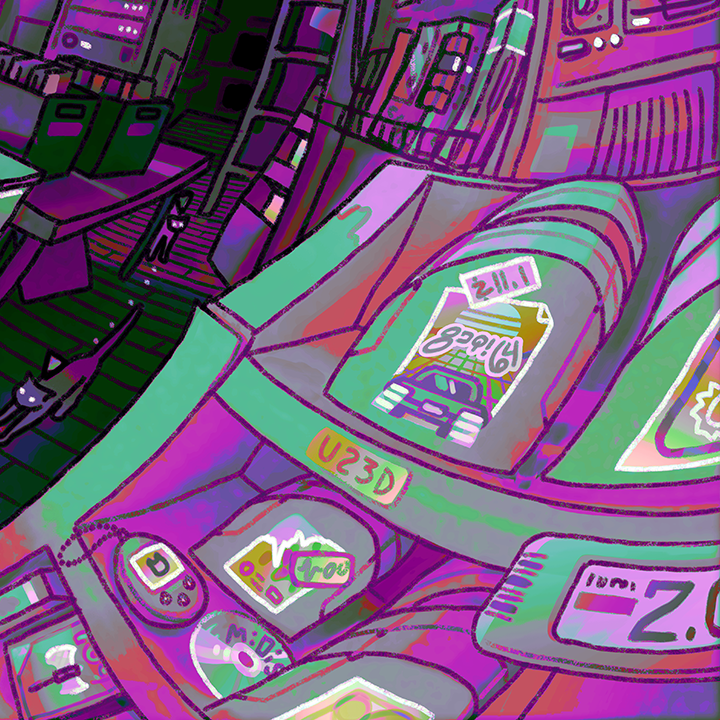 Close-up image showing details of "Used Hacked & Homebrewed Games" art print, including video game cartridges and a Tamagotchi.